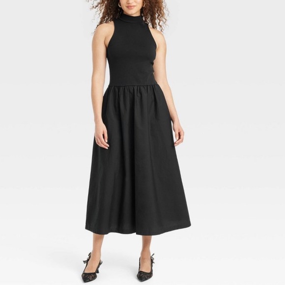 Drop waist contrast black mock neck sleeveless midi dress with side pockets - Picture 6 of 8
